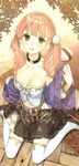  adjusting_clothes atelier_(series) atelier_escha_&amp;_logy bare_shoulders braid breasts bustier choker cleavage collarbone detached_sleeves dress escha_malier green_eyes hidari_(left_side) long_hair miniskirt official_art parted_lips petticoat pink_hair sitting skirt small_breasts solo strapless thighhighs twintails wariza white_legwear zettai_ryouiki 