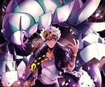  absurdres artist_name black_hair eyewear_on_head gen_7_pokemon golisopod guzma_(pokemon) highres invidiata jewelry multicolored_hair necklace pokemon pokemon_(creature) pokemon_(game) pokemon_sm sunglasses tattoo teeth two-tone_hair upper_body white_hair 