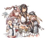  belt black_hair black_neckwear blonde_hair breast_pocket brown_eyes brown_hair dress girl_sandwich gloves grey_eyes hat headgear jellyfish kantai_collection karasu_(naoshow357) long_hair multiple_girls nagato_(kantai_collection) necktie operation_crossroads peaked_cap pleated_skirt pocket prinz_eugen_(kantai_collection) purple_eyes purple_hair red_skirt remodel_(kantai_collection) sakawa_(kantai_collection) sandwiched saratoga_(kantai_collection) short_hair skirt twintails white_dress white_gloves white_skirt 