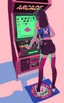  adapted_costume animal_print arcade arcade_cabinet arcade_stick armlet bare_shoulders blue_shirt brown_hair brown_shorts bunny_print character_name charm_(object) clothes_writing controller cross-laced_footwear d.va_(overwatch) emblem from_behind game_controller gun handgun headphones highres joystick korean legs_apart logo long_hair overwatch pachimari pink_legwear pistol playing_games pocket sheath sheathed shirt shoes short_shorts shorts sleeveless sleeveless_shirt solo standing sticker stuffed_animal stuffed_octopus stuffed_toy thighhighs video_game weapon white_footwear wingdings yomeiu 