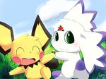  blush calumon cloud clyndemoon crossover day digimon duo eyes_closed female feral flower fur grass green_eyes hand_holding hi_res mammal nintendo open_mouth outside pichu plant pok&eacute;mon rodent sky smile video_games yellow_fur 