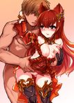  1girl absurdres animal_ears anthuria ass_visible_through_thighs bare_shoulders breast_grab breasts detached_sleeves dress erune faceless faceless_male gloves grabbing gradient gradient_background granblue_fantasy harigane_shinshi highres long_hair multicolored_hair nipples red_dress red_eyes red_hair thighhighs 