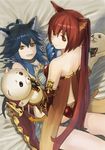 ahoge angry animal_ears armor ass bad_id bad_pixiv_id bare_legs bare_shoulders blue_hair breasts cerberus_(shingeki_no_bahamut) chain cleavage clenched_teeth commentary_request dog_ears fenrir_(shingeki_no_bahamut) from_above from_behind granblue_fantasy hand_puppet light_smile long_hair looking_at_another looking_at_viewer midriff multiple_girls puppet red_eyes red_hair red_legwear shingeki_no_bahamut sitting sitting_on_lap sitting_on_person small_breasts spiked_hair teeth thighhighs thighs twintails very_long_hair wasabi60 