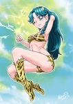  animal_print aqua_hair artist_name ass bikini blue_eyes boots braid breasts cloud cloudy_sky cosplay electricity floating go!_princess_precure hand_behind_head horns index_finger_raised kaidou_minami long_hair looking_at_viewer lum lum_(cosplay) one_eye_closed peke_(nariyuki_koubou) pointy_ears precure sky smile solo swimsuit tiger_print urusei_yatsura 