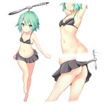  aircraft armpits arms_up ass barefoot bikini black_bikini borrowed_character breasts green_eyes green_hair haishiki helicopter multiple_views navel original propeller short_hair simple_background small_breasts swimsuit white_background 