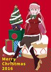  akashi_(kantai_collection) black_legwear breasts cake capelet christmas christmas_tree cleavage commentary_request detached_sleeves food fruit full_body fur_trim green_eyes hair_ribbon hat kantai_collection long_hair looking_at_viewer medium_breasts ojipon oversized_object pantyhose pink_hair ribbon santa_costume santa_hat skirt slice_of_cake smile solo strawberry strawberry_shortcake tress_ribbon 