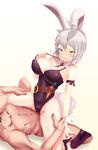  1boy 1girl astdevir battle_bunny_riven breasts bunnysuit carrot cosplay garen_crownguard girl_on_top high_heels highres large_breasts league_of_legends riven_(league_of_legends) short_hair strap_pull thigh_grab white_hair wide_hips 