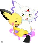  &lt;3 &lt;3_eyes anus blush calumon clyndemoon crossover digimon duo female female/female feral fur green_eyes half-closed_eyes hi_res interspecies mammal nintendo one_eye_closed open_mouth pichu pok&eacute;mon pussy pussy_juice rodent sex simple_background tongue tribadism video_games white_background wink yellow_fur 