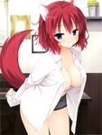  :3 amairo_islenauts arms_behind_back blue_eyes boyshorts breasts cleavage collarbone cowboy_shot cropped dress_shirt fang_out highres large_breasts leaning_forward masaki_gaillard muririn open_clothes open_shirt red_hair scan shirt sleeves_past_wrists solo tail 