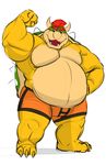  2016 3_toes anthro armpits barefoot belly biceps big_belly biped bowser boxers_(clothing) claws clothed clothing countershade_face countershade_torso countershading digital_media_(artwork) eyebrows fangs flexing front_view full-length_portrait galvinwolf green_scales hair hi_res horn koopa looking_at_viewer male mario_bros muscular muscular_male nintendo obese open_mouth orange_bottomwear orange_clothing overweight overweight_male pecs plantigrade portrait raised_arm red_eyes red_hair scales scalie shell simple_background sketch solo spikes standing tan_countershading tan_horn tan_scales toe_claws toes topless triceps underwear video_games white_background yellow_scales 