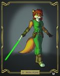  amaran armor belt boots breasts canine clothing coverall footwear fox fur gauntlets gloves green_eyes hair jedi keris leather lightsaber mammal markings melee_weapon orange_fur pose pouch red_hair simple_background smile star_wars text valy_j._thunderbeast weapon wristguard 
