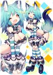  animal_ear_fluff animal_ears blue_hair breasts cleavage detached_sleeves fang highres large_breasts mamuru multicolored_hair one_eye_closed open_mouth original short_hair solo striped striped_legwear tail thighhighs yellow_eyes 