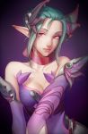  1girl aqua_hair bare_shoulders breasts bridal_gauntlets choker cleavage collarbone dress elbow_gloves gloves gradient gradient_background hair_bun hair_ornament light_smile lips looking_at_viewer medium_breasts mercy_(overwatch) nezumi_(tuboshu2013) no_wings nose outstretched_arm overwatch pink_lips pink_ribbon pointy_ears purple_dress purple_gloves reaching_out red_eyes ribbon ribbon_choker sleeveless sleeveless_dress solo sugar_plum_fairy_mercy upper_body 