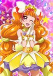  1girl amanogawa_kirara bare_shoulders collarbone cure_twinkle earrings gloves go!_princess_precure hair_ornament hanzou jewelry long_hair magical_girl multicolored_hair one_eye_closed open_mouth orange_hair precure purple_eyes skirt solo star star_earrings tied_hair twintails two-tone_hair very_long_hair yellow_skirt 
