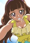  :d amanogawa_kirara backlighting bare_shoulders blush breasts brown_hair cleavage collarbone earrings go!_princess_precure hairband hanzou jewelry long_hair looking_at_viewer open_mouth precure purple_eyes sky smile solo star star_earrings tied_hair twintails upper_body 