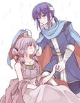  1boy 1girl blue_hair blush braid cape celice_(fire_emblem) fire_emblem fire_emblem:_seisen_no_keifu gloves headband holding_hands purple_hair rain sleeveless tinny_(fire_emblem) twin_braids twintails water_drop 