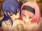  2girls ass bed black_lilith blue_hair breasts female game_cg handjob hetero hotarubi_(misao) large_breasts long_hair looking_at_viewer masturbation misao_~injoku_ninpouden~ multiple_girls nipples nobushito_kuro nude oral penis pink_hair short_hair small_breasts sweat vaginal wet yukishiro_misao 