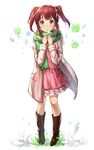  blush boots breath brown_eyes brown_hair clover coat dress four-leaf_clover green_scarf hair_ribbon highres idolmaster idolmaster_cinderella_girls looking_at_viewer ogata_chieri open_clothes open_coat open_mouth pink_dress ribbon scarf short_hair snow snowflake_background snowflakes solo takeashiro twintails 