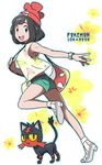  aqua_shorts armpits bag bangs black_hair blue_eyes blunt_bangs churumi_(grie) commentary_request copyright_name floral_background floral_print full_body gen_7_pokemon hat high_heels litten looking_at_viewer mizuki_(pokemon) open_mouth outline outstretched_arm pokemon pokemon_(creature) pokemon_(game) pokemon_sm red_eyes red_hat running sandals shirt short_hair short_shorts shorts sleeveless smile watch white_background yellow_sclera yellow_shirt 