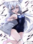  animal_ear_fluff animal_ears blue_swimsuit fox_ears fox_tail highres korean long_hair looking_back name_tag one-piece_swimsuit open_mouth original petals ping_myu_ring_(tandohark) school_swimsuit silver_hair solo swimsuit sword tail tandohark very_long_hair weapon white_eyes 