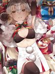  armpits bad_id bad_pixiv_id bell black_bikini_top black_gloves black_legwear blonde_hair box bra breasts capelet elbow_gloves fate/grand_order fate_(series) fur_trim gift gift_box gloves hair_ribbon headpiece highres ichinosenen jeanne_d'arc_(fate)_(all) jeanne_d'arc_alter_santa_lily long_hair looking_at_viewer lying navel on_back ribbon small_breasts smile solo thighhighs underwear very_long_hair yellow_eyes 
