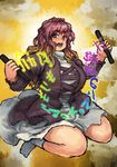  breasts brown_hair chanta_(ayatakaoisii) cloud dress gradient_hair highres hijiri_byakuren juliet_sleeves large_breasts layered_dress long_sleeves multicolored_hair plump puffy_sleeves purple_hair seiza sitting socks solo sorcerer's_sutra_scroll touhou wariza wavy_hair 