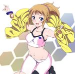  absurdres bike_shorts blue_eyes blush bracelet breasts brown_hair gundam gundam_build_fighters gundam_build_fighters_try highres hoshino_fumina jacket jewelry large_breasts long_hair looking_at_viewer midriff navel niko_(tama) open_mouth ponytail scrunchie smile solo sports_bra 