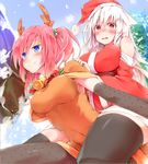  animal_costume animal_ears armpit_peek bell black_legwear blue_eyes blue_sky blurry blurry_background blush bow bowtie breasts carrying christmas cloud commentary_request covered_navel day depth_of_field hat horns large_breasts long_hair looking_at_viewer looking_to_the_side medium_breasts mountain multiple_girls nature original outdoors pantyhose pink_hair purple_eyes reindeer_costume rinrin_(927413) santa_costume santa_hat short_hair silver_hair sky snow snowflakes sweat tearing_up thighhighs twintails wavy_mouth 