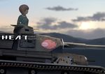  anglerfish bangs blue_jacket blurry brown_eyes brown_hair cloud cloudy_sky commentary copyright_name cover cover_page depth_of_field doujin_cover emblem english from_side fujibejifu girls_und_panzer ground_vehicle headset jacket long_sleeves military military_uniform military_vehicle motor_vehicle nishizumi_miho ooarai_(emblem) ooarai_military_uniform panzerkampfwagen_iv short_hair sky solo sunset tank uniform 