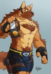  2016 abs anthro badge biceps big_muscles blue_background body_hair brown_eyes brown_fur canine chest_tuft claws clothed clothing dog elbow_tufts fingerless_gloves fur german_shepherd gloves gun handgun happy_trail headphones headset holster id looking_at_viewer male mammal muscular muscular_male neck_tuft officer_benson pecs pistol police ranged_weapon shorts simple_background solo takemoto_arashi tan_fur thigh_holster topless tuft weapon 