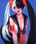  antenna_hair armband bent_over black_hair blade_&amp;_soul blue_background blue_eyes breasts cain_(gunnermul) cleavage collarbone eyepatch hair_ornament hair_over_one_eye hair_scrunchie hanging_breasts large_breasts long_hair looking_away multicolored_hair neckerchief open_mouth pohwaran sailor_collar scrunchie solo two-tone_hair very_long_hair white_hair 