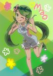  ;q bare_arms bare_legs character_name dark_skin floral_background flower green_background green_eyes green_hair hair_flower hair_ornament highres holding ladle leg_up licking_lips long_hair looking_at_viewer mao_(pokemon) one_eye_closed overalls pokemon pokemon_(game) pokemon_sm runachikku smile solo tongue tongue_out trial_captain twintails 