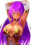  :p agarwood armpits arms_up bangs blush bow braid breasts cleavage corset dark_skin elbow_gloves eyebrows_visible_through_hair gloves green_eyes hair_bow halterneck large_breasts long_hair looking_at_viewer newman original phantasy_star phantasy_star_online_2 purple_hair shiny shiny_skin simple_background smile solo tongue tongue_out tsurime white_background 