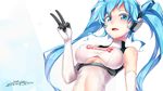  2016 blue_eyes blue_hair breasts colored_eyelashes dated goodsmile_company goodsmile_racing hatsune_miku headphones highres large_breasts long_hair racing_miku racing_miku_(2014) signature smile solo taut_clothes turtleneck twintails underboob underboob_cutout upper_body v vocaloid x-boy 