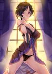  babydoll bad_id bad_pixiv_id black_hair black_panties blush borrowed_character breasts cleavage commentary_request covered_nipples fate/grand_order fate_(series) gun handgun highres indoors kneeling lace lace_panties lingerie matsuryuu medium_breasts negligee panties parted_lips pistol purple_eyes riyo_servant_(babydoll) see-through short_hair solo star strap_slip underwear weapon 