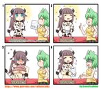  &gt;_&lt; 4koma absurdres animal_ears animal_print artist_self-insert bell blue_eyes blush_stickers breasts brown_hair cat_girl cleavage closed_eyes comic commentary commentary_request cow_ears cow_girl cow_print cow_tail cum cum_in_cup cumdrip cup dress dress_lift drinking english gokkun green_hair greenteaneko greenteaneko-chan hand_on_hip highres horns implied_futanari implied_masturbation mouth_hold multiple_girls original shaded_face shirt_in_mouth sideboob silent_comic skirt sparkle tail tongue trembling underboob yellow_eyes 