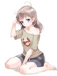  ahoge bad_id bad_pixiv_id beige_shirt between_legs blue_eyes blue_shorts brown_hair denim denim_shorts full_body ghostbusters hand_between_legs long_hair looking_at_viewer messy_hair niina_ryou no_symbol off-shoulder_shirt original print_shirt shirt short_sleeves shorts simple_background sitting solo tan_shirt wariza white_background 