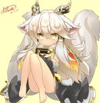  :&lt; animal_ears barefoot blush book dated demon_horns detached_sleeves feathered_wings full_body fur-trimmed_sleeves fur_trim hair_tubes holding holding_book horns ilmina_(p&amp;d) lilium0235 long_hair looking_at_viewer multiple_tails puzzle_&amp;_dragons signature silver_hair solo tail wings yellow_background yellow_eyes 
