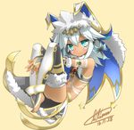  ankh aqua_eyes bandages bare_shoulders barefoot blush bodypaint bridal_gauntlets dark_skin dated egyptian egyptian_clothes facial_mark floating fur_trim headdress jewelry lilium0235 long_hair looking_at_viewer navel necklace puzzle_&amp;_dragons signature smile solo sopdet_(p&amp;d) star thighhighs white_hair 