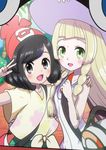  bag black_eyes black_hair blonde_hair gen_4_pokemon green_eyes green_shorts hat highres lillie_(pokemon) long_hair looking_at_viewer mizuki_(pokemon) multiple_girls open_mouth pokedex pokemon pokemon_(creature) pokemon_(game) pokemon_sm rotom rotom_dex runachikku shirt short_hair shorts shoulder_bag sun_hat taking_picture upper_body v 