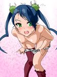 1girl :0 arm bare_arms bare_shoulders bent_over blue_hair blush breasts collarbone embarrassed female flying_sweatdrops gradient gradient_background green_eyes hair_ornament hair_over_one_eye hanging_breasts hibachi_(mushibugyou) highres knees_together_feet_apart lips long_hair looking_at_viewer medium_breasts mushibugyou nipples nude nurie open_mouth panties panty_pull purple_legwear round_teeth solo standing surprised sweat teeth thighhighs thighhighs_pull topless twintails undressing white_panties 