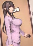  &gt;:( bangs black_hair breasts brown_eyes closed_mouth commentary_request cowboy_shot doorknob from_side frown large_breasts long_hair looking_at_viewer looking_to_the_side original pajamas pepe_(jonasan) sidelocks solo toilet v-shaped_eyebrows 