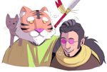  :3 anthro black_hair eyewear feline feral glasses hair human humanoid lisa_the_painful male mammal melee_weapon mr_kat_(character) petting polearm reptile-house_(artist) simple_background spear tiger tiger_man video_games weapon white_background yazan_barghouti_(character) 