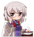  belt bespectacled blush book bow bowtie braid dress french_braid glasses highres jacket katsumi5o kishin_sagume long_sleeves open_clothes open_jacket purple_dress red_eyes short_ponytail silver_hair single_wing solo touhou wings 