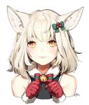  animal_ears bare_shoulders bell blush bow cat_ears fang gloves hair_bow jingle_bell lips looking_at_viewer nagu orange_eyes original paw_pose red_gloves short_hair simple_background slit_pupils smile solo upper_body white_background white_hair 