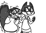  2016 anthro black_and_white brother brother_and_sister caitlin_vison clothed clothing crossgender cute_fangs disney duo fan_character female hand_on_shoulder inkyfrog looking_at_viewer male mammal monochrome mustelid open_mouth percy_vison polecat sibling simple_background sister sweat sweatdrop twins white_background zootopia 