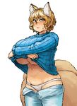  animal_ears blonde_hair blush breasts chanta_(ayatakaoisii) cowboy_shot extra_ears eyebrows_visible_through_hair fox_ears fox_tail grey_panties groin highres huge_breasts looking_at_viewer multiple_tails navel no_bra orange_eyes panties ribbed_sweater short_hair simple_background slit_pupils solo standing sweat sweatdrop sweater tail touhou unbuttoned underboob underwear undressing white_background yakumo_ran 