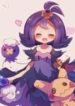  acerola_(pokemon) armlet blush closed_eyes dress drifloon elite_four gen_4_pokemon gen_5_pokemon gen_7_pokemon hair_ornament half_updo heart highres litwick mimikyu muuran open_mouth pokemon pokemon_(creature) pokemon_(game) pokemon_sm purple_dress purple_hair short_hair signature trial_captain 