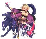  ass_visible_through_thighs awakening_(sennen_sensou_aigis) blonde_hair boots breasts cape cerberus chain detached_sleeves full_body holding holding_spear holding_weapon large_breasts looking_at_viewer matarou_(genkai_toppa) moltena_(sennen_sensou_aigis) navel official_art open_mouth polearm red_eyes sennen_sensou_aigis short_hair skirt spear thigh_boots thighhighs transparent_background weapon 