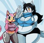  anthro black_hair blush breasts canine cat cleavage clothed clothing digital_media_(artwork) duo feline female gail_(sssonic2) hair hi_res machine mammal midriff noodle_(sssonic2) overweight pose robot scarf sssonic2 wide_hips wolf 